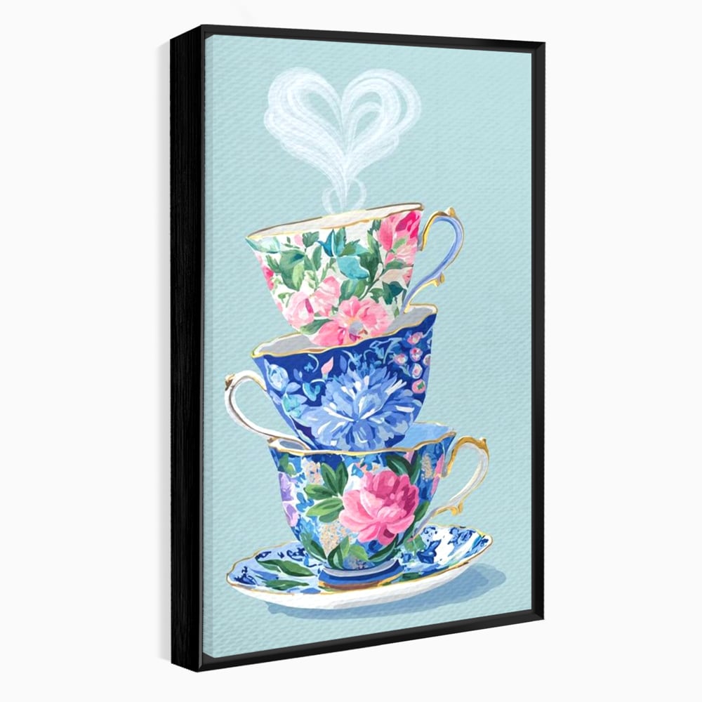 Tablou canvas cu pictura cu stiva de cesti de ceai, in rama de aluminiu negru