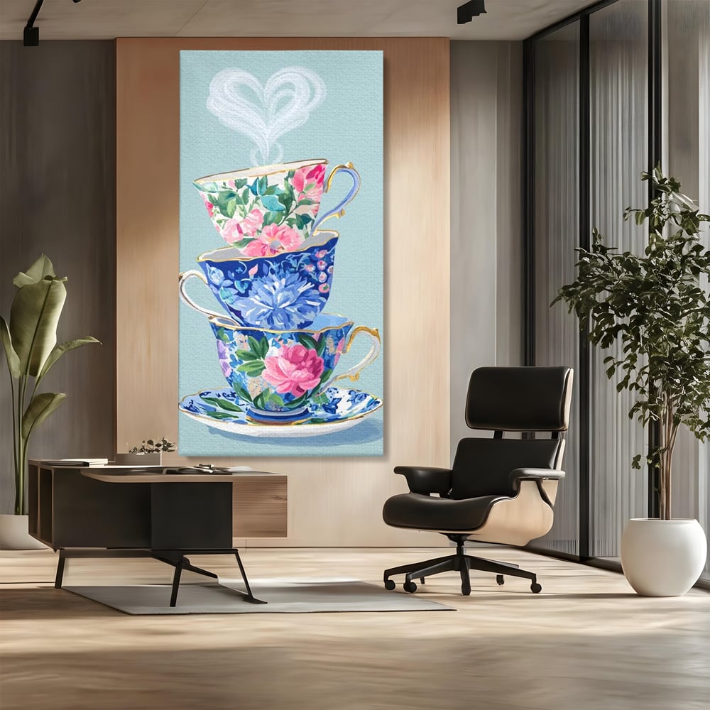Tablou canvas cu pictura cu stiva de cesti de ceai, fara rama, pe sasiu de lemn, pe perete intr-un birou
