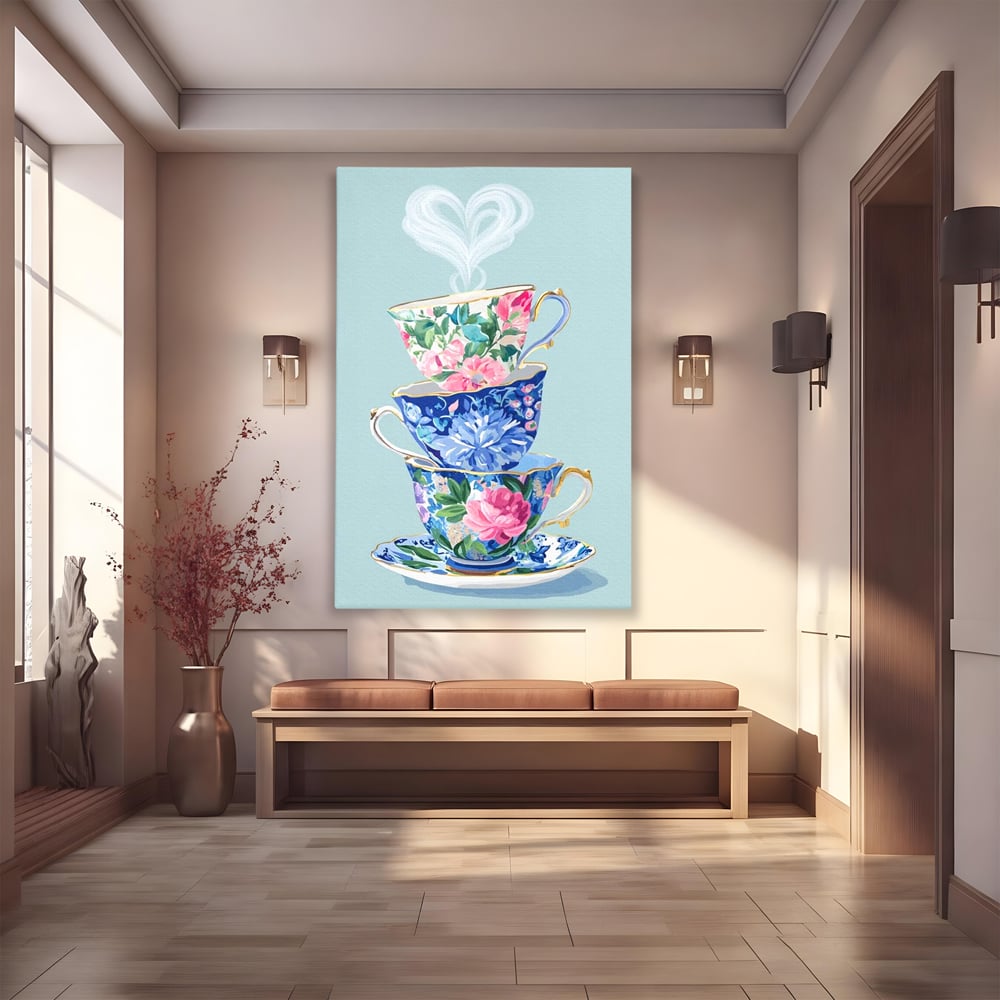 Tablou canvas cu pictura cu stiva de cesti de ceai, fara rama, pe sasiu de lemn