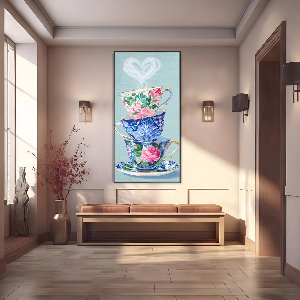 Tablou canvas cu pictura cu stiva de cesti de ceai, in rama de aluminiu negru