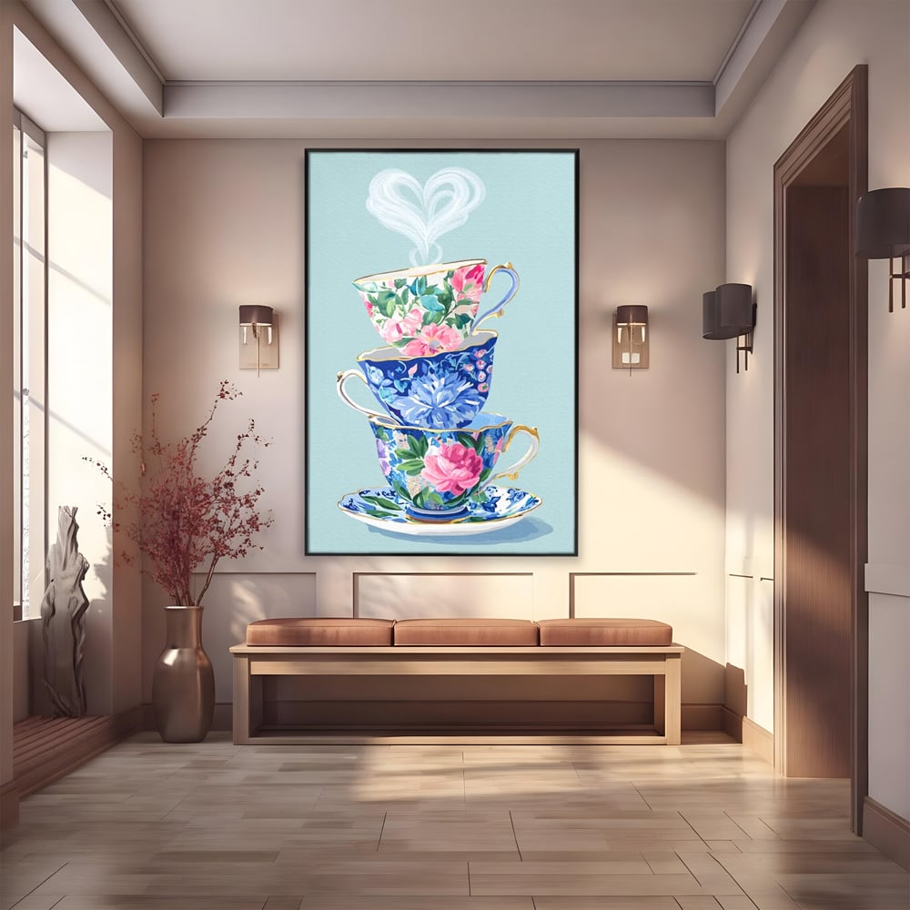 Tablou canvas cu pictura cu stiva de cesti de ceai, in rama de aluminiu negru