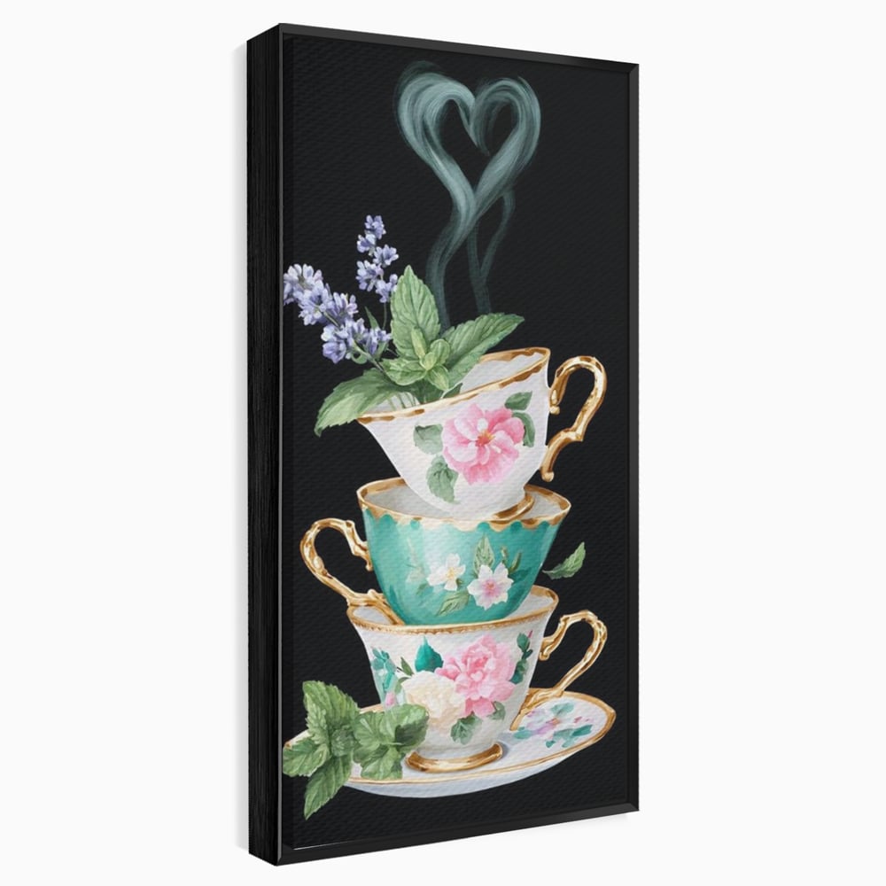 Tablou canvas cu stiva de cesti pictate cu flori, in rama de aluminiu negru