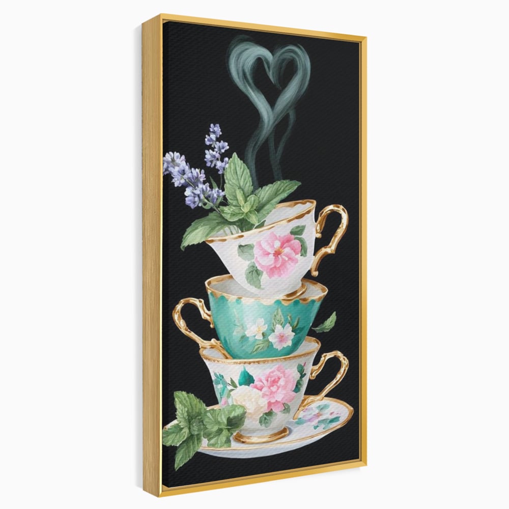 Tablou canvas cu stiva de cesti pictate cu flori, in rama de aluminiu auriu