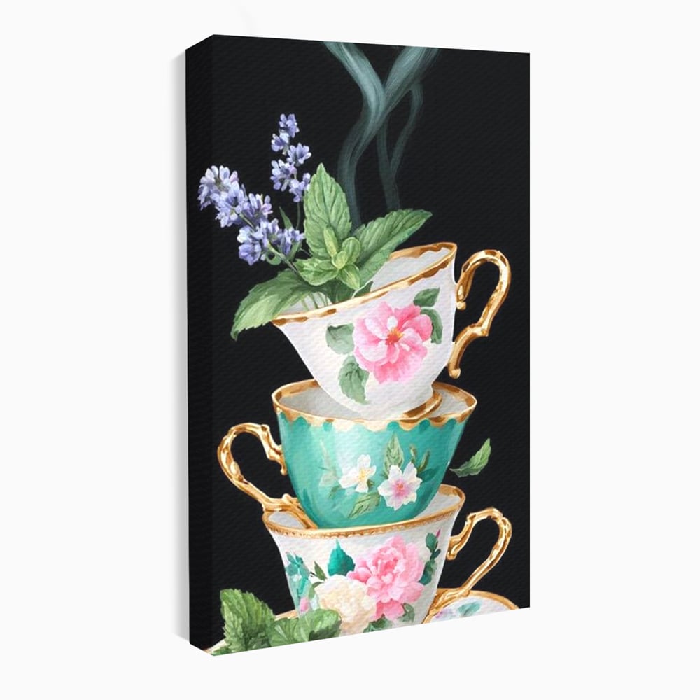 Tablou canvas cu stiva de cesti pictate cu flori, fara rama, pe sasiu de lemn