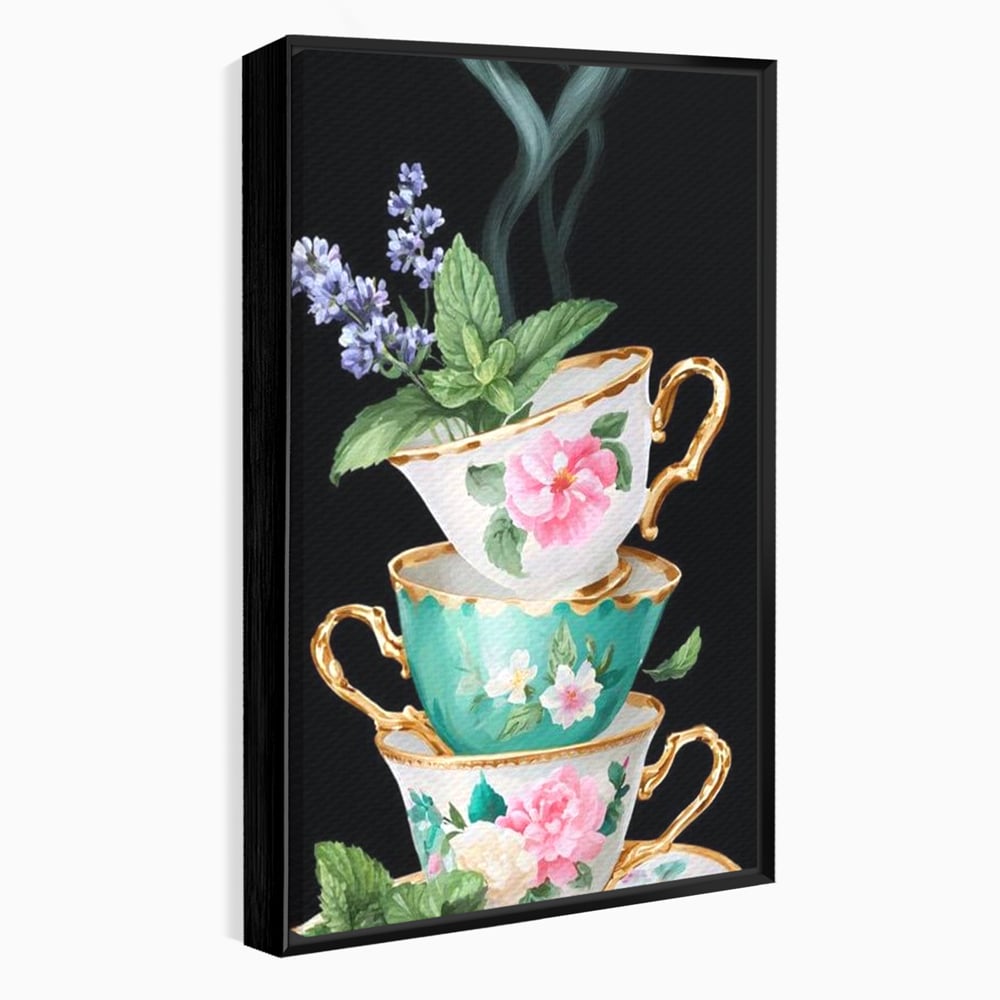 Tablou canvas cu stiva de cesti pictate cu flori, in rama de aluminiu negru