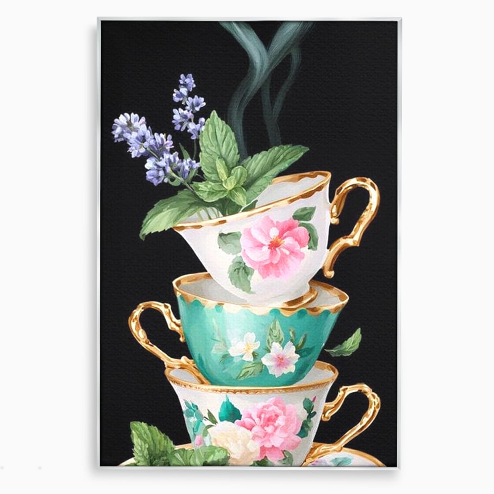 Tablou canvas cu stiva de cesti pictate cu flori, in rama de aluminiu argintiu
