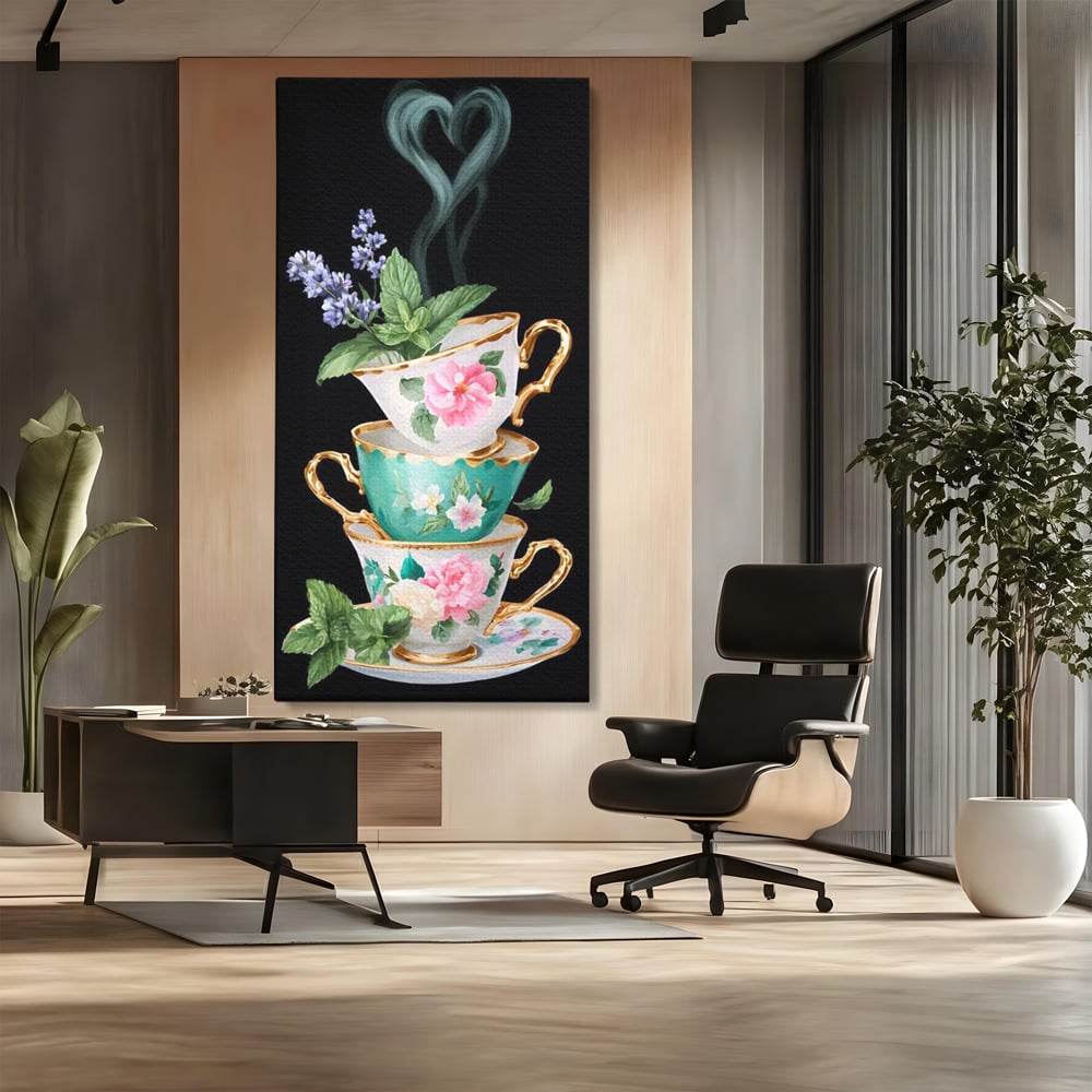 Tablou canvas cu stiva de cesti pictate cu flori, fara rama, pe sasiu de lemn, pe perete intr-un birou