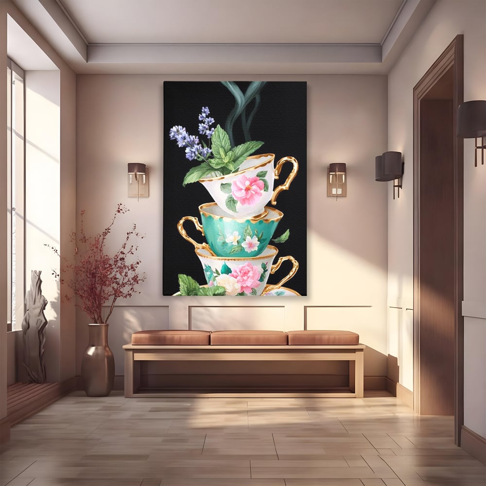 Tablou canvas cu stiva de cesti pictate cu flori, fara rama, pe sasiu de lemn