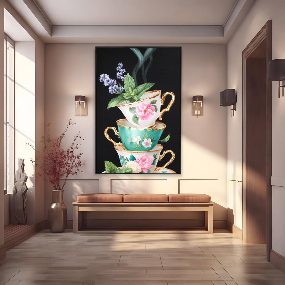Tablou canvas cu stiva de cesti pictate cu flori, in rama de aluminiu negru