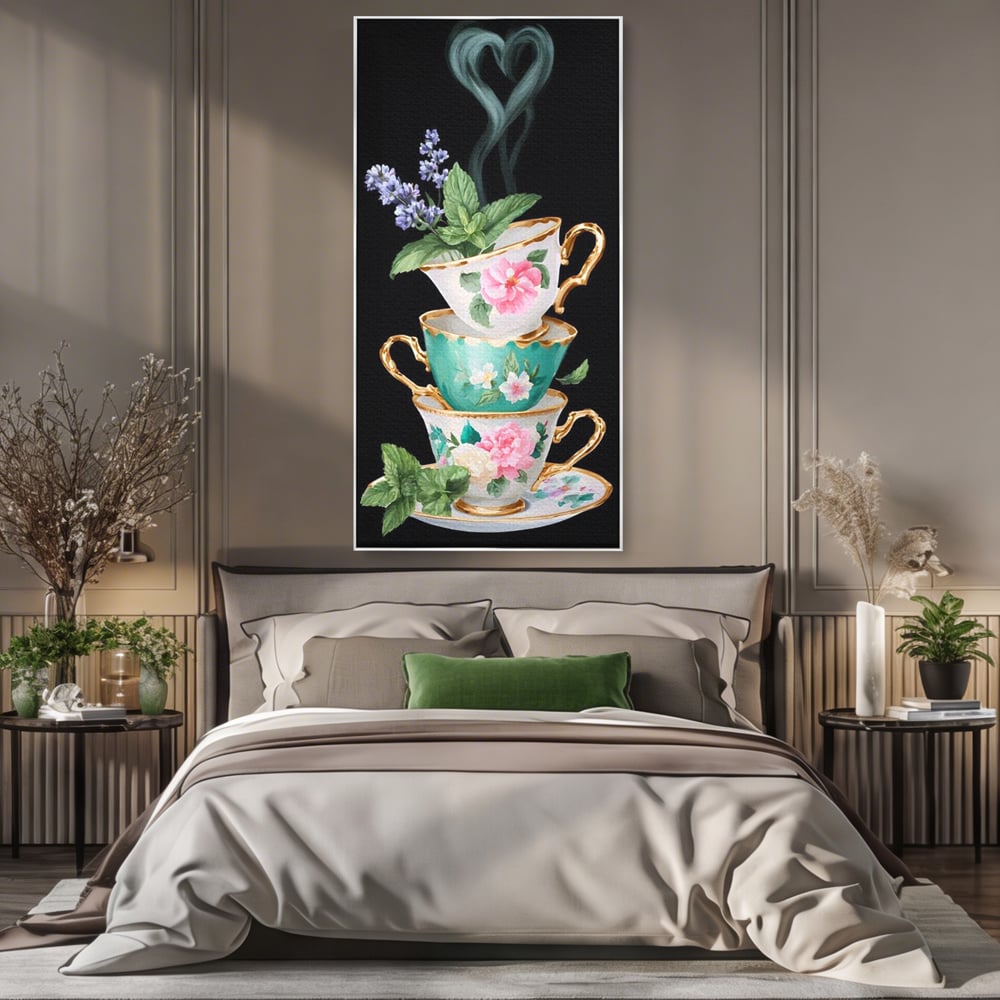 Tablou canvas cu stiva de cesti pictate cu flori, in rama de aluminiu argintiu, pe perete intr-un dormitor