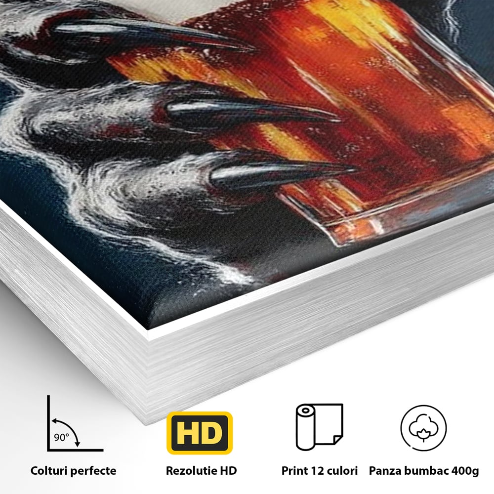 Detaliu al suprafetei: tablou canvas cu varcolac tinand bere, in rama de aluminiu argintiu