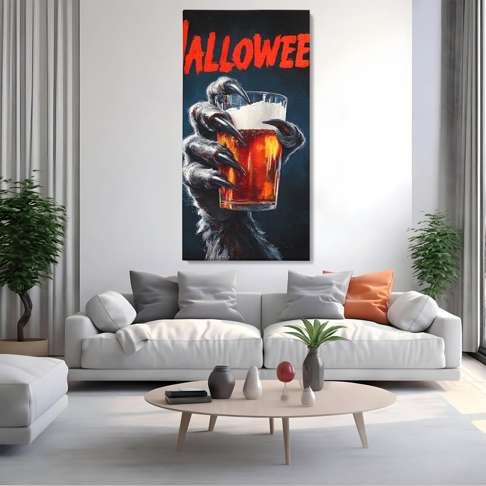 Tablou canvas cu tablou canvas cu varcolac tinand bere, fara rama, pe sasiu de lemn, pe perete intr-un living