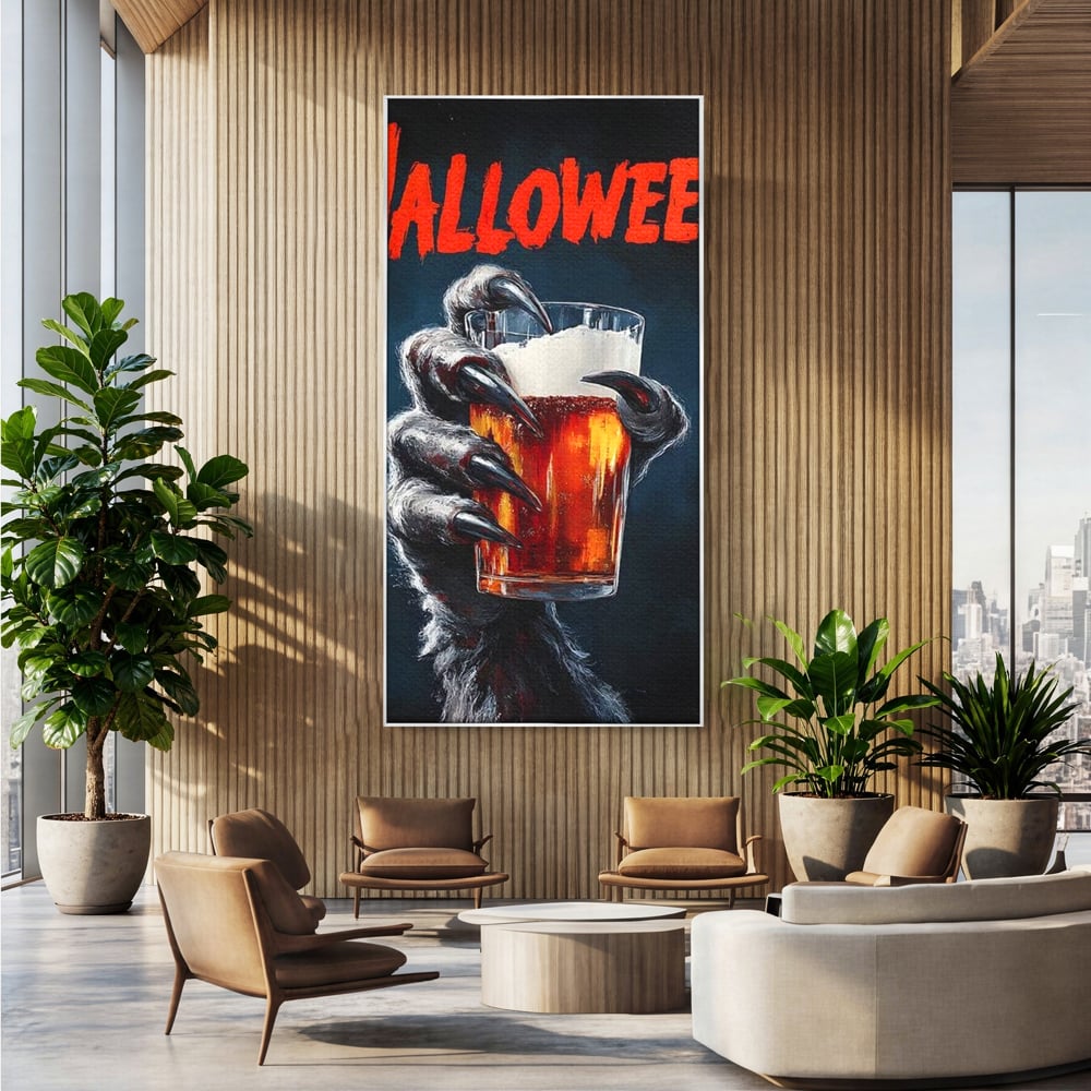 Tablou canvas cu tablou canvas cu varcolac tinand bere, in rama de aluminiu argintiu, pe perete intr-un birou