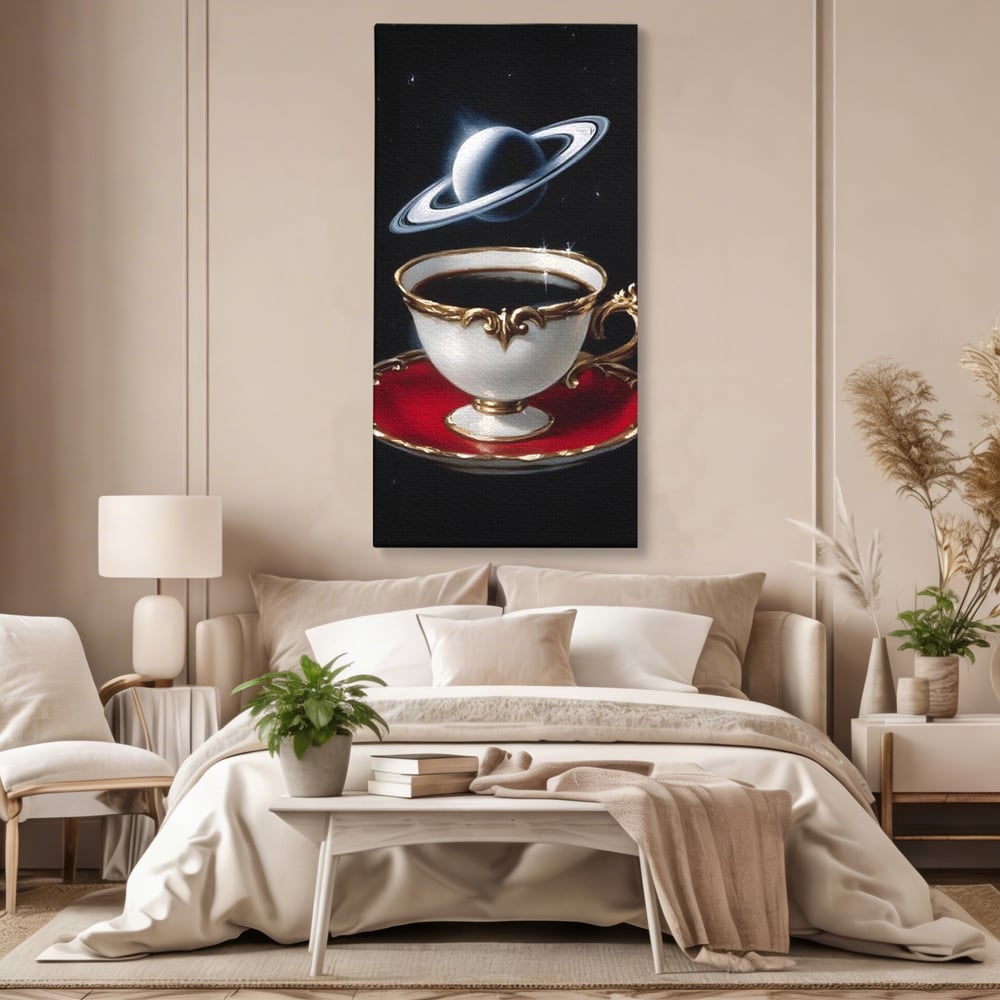 Tablou canvas cu tablou canvas cu ceasca si planeta, fara rama, pe sasiu de lemn, pe perete intr-un dormitor