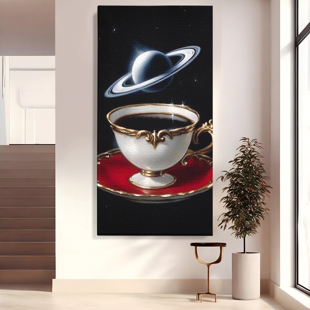 Tablou canvas cu tablou canvas cu ceasca si planeta, fara rama, pe sasiu de lemn