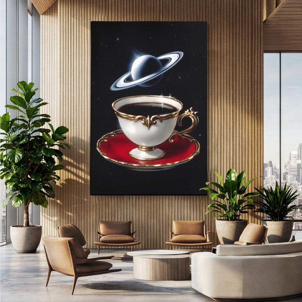 Tablou canvas cu tablou canvas cu ceasca si planeta, fara rama, pe sasiu de lemn, pe perete intr-un birou