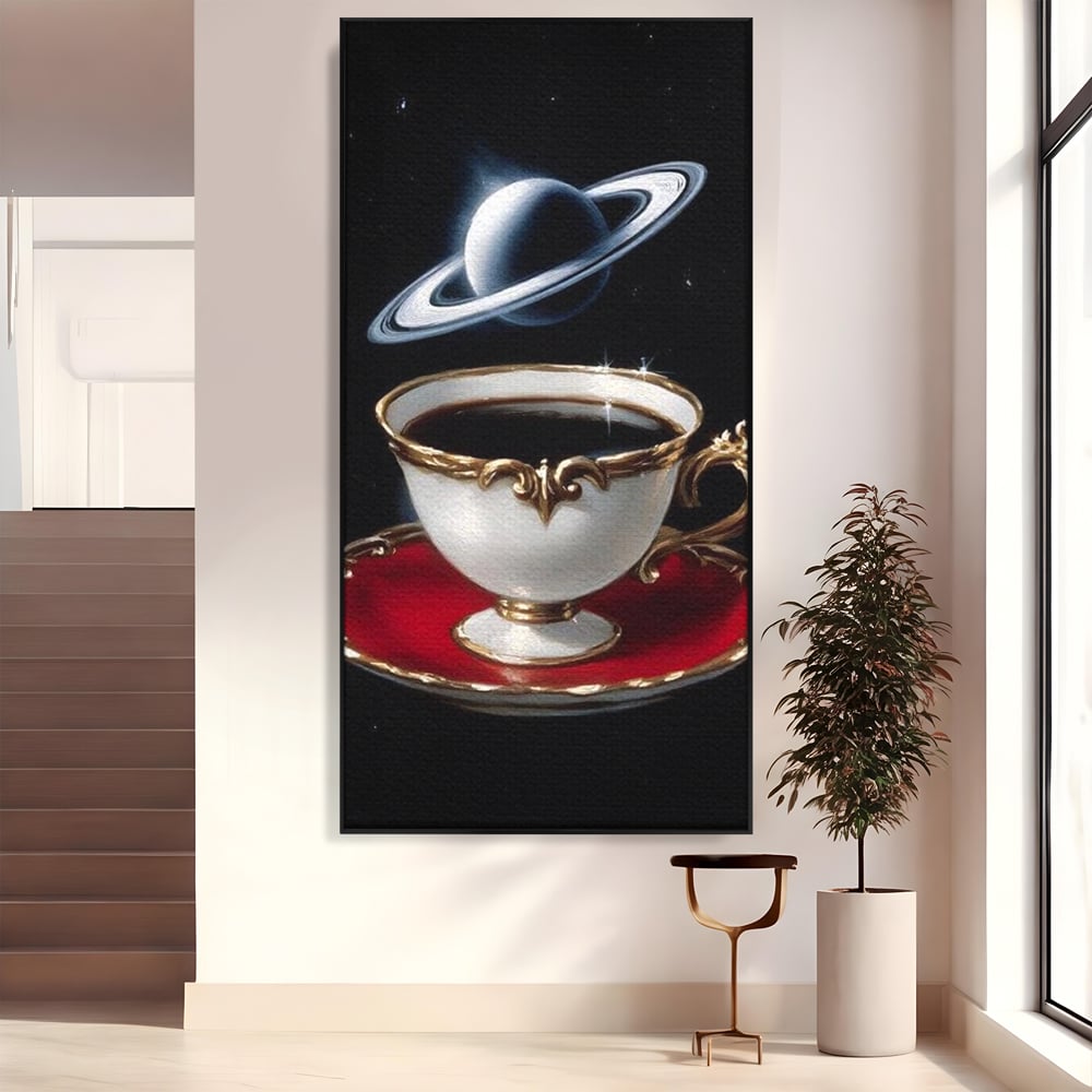 Tablou canvas cu tablou canvas cu ceasca si planeta, in rama de aluminiu negru