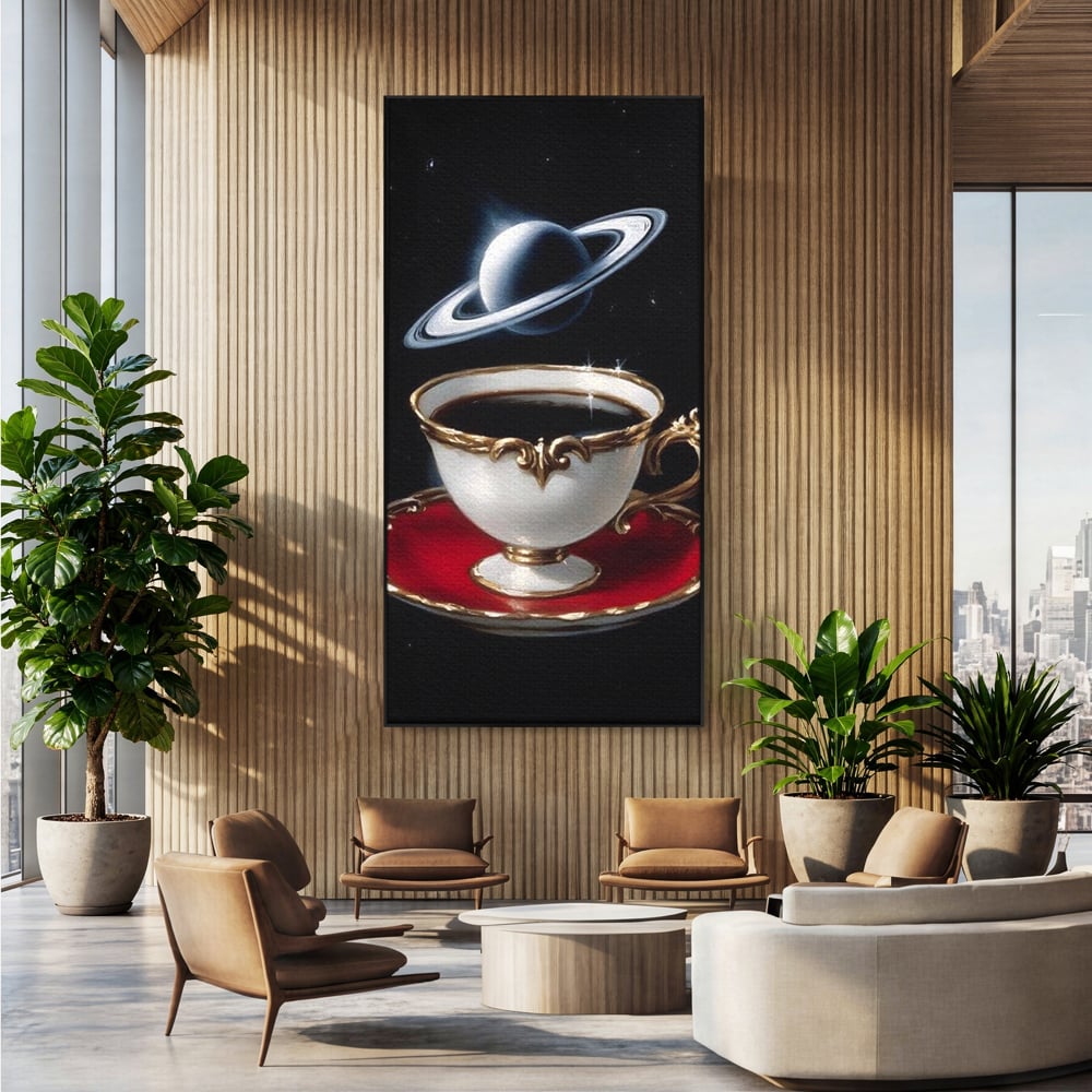 Tablou canvas cu tablou canvas cu ceasca si planeta, in rama de aluminiu negru, pe perete intr-un birou
