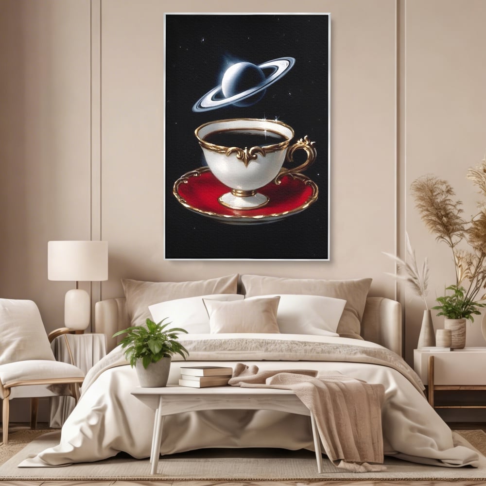 Tablou canvas cu tablou canvas cu ceasca si planeta, in rama de aluminiu argintiu, pe perete intr-un dormitor