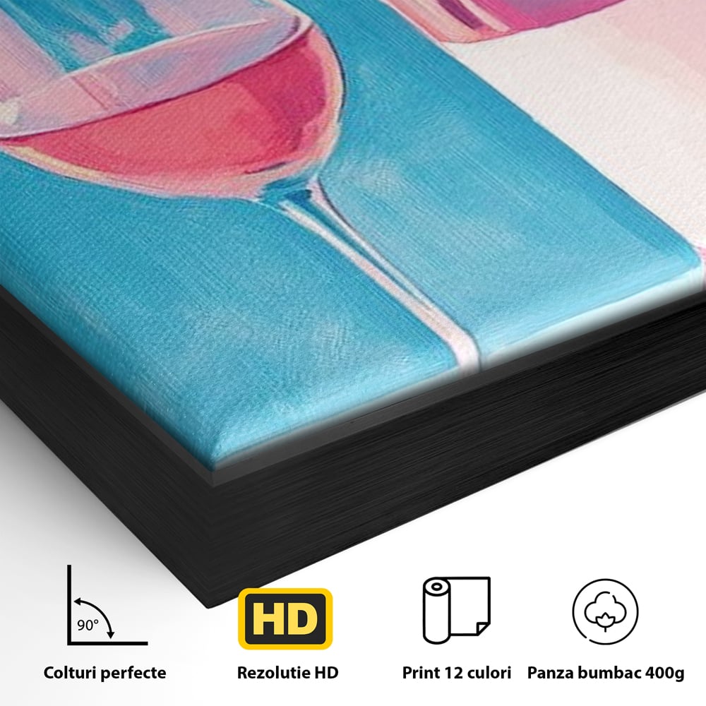 Detaliu al suprafetei: pictura cu sticla de vin rose si pahar, in rama de aluminiu negru