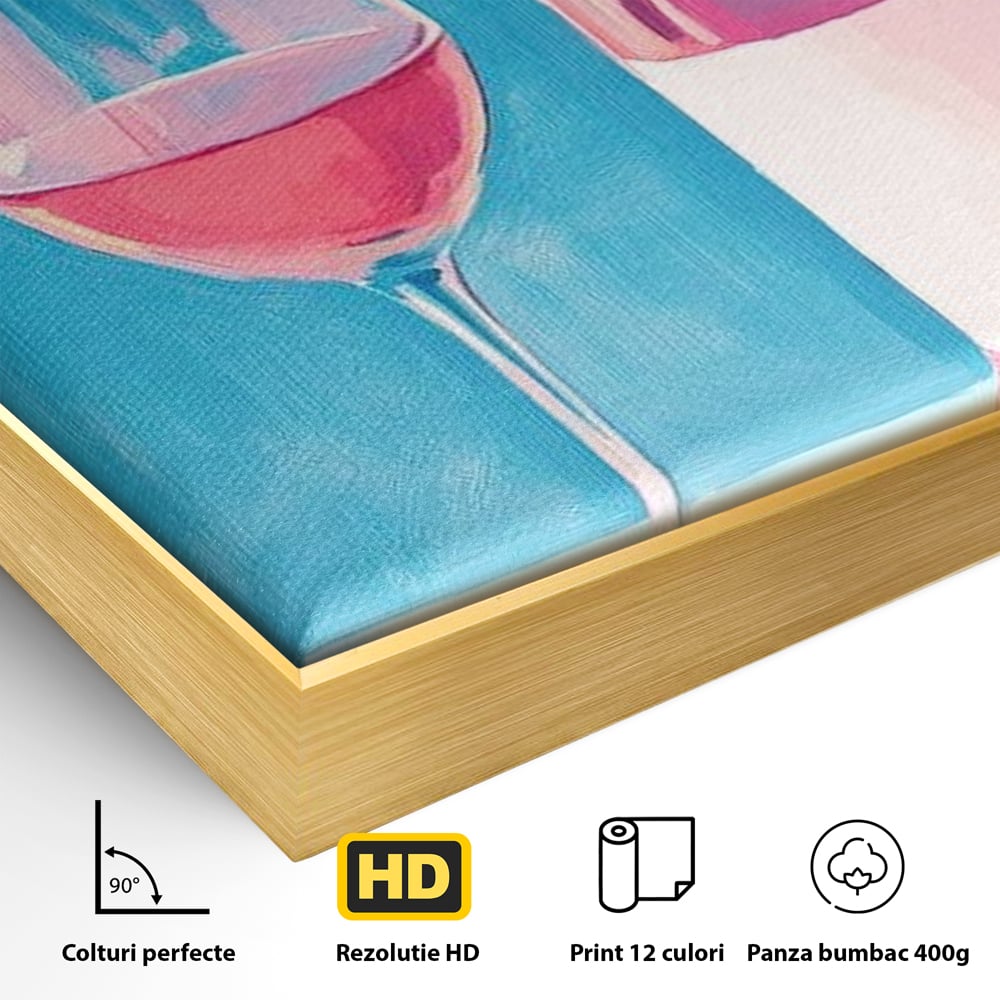 Detaliu al suprafetei: pictura cu sticla de vin rose si pahar, in rama de aluminiu auriu