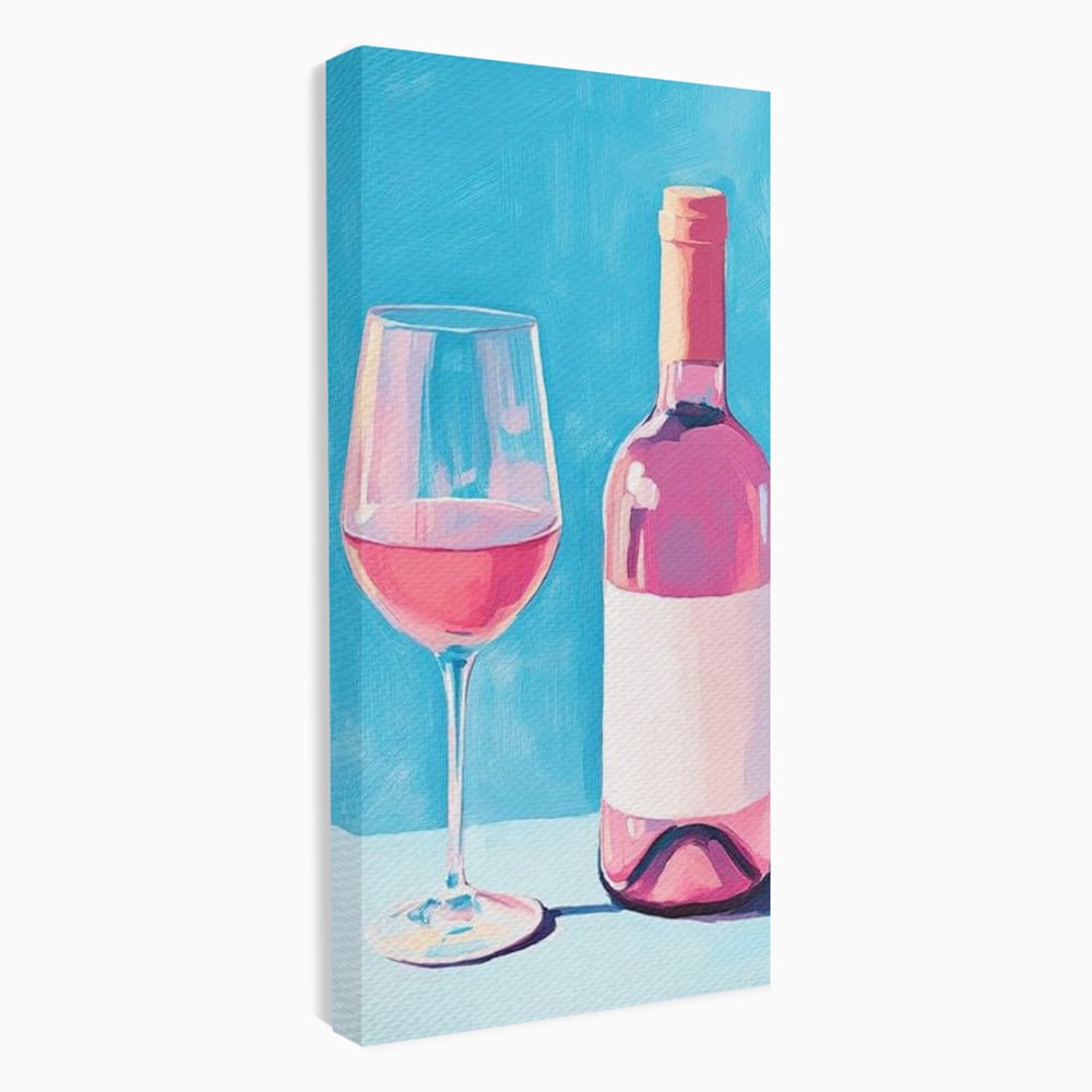 Tablou canvas cu pictura cu sticla de vin rose si pahar, fara rama, pe sasiu de lemn