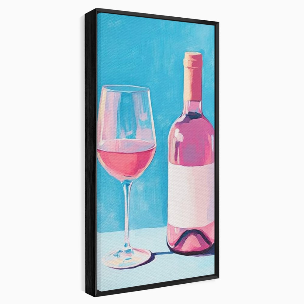 Tablou canvas cu pictura cu sticla de vin rose si pahar, in rama de aluminiu negru