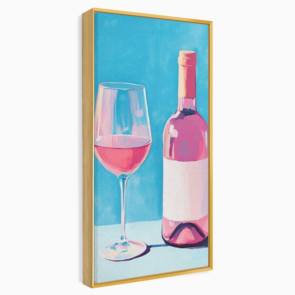 Tablou canvas cu pictura cu sticla de vin rose si pahar, in rama de aluminiu auriu