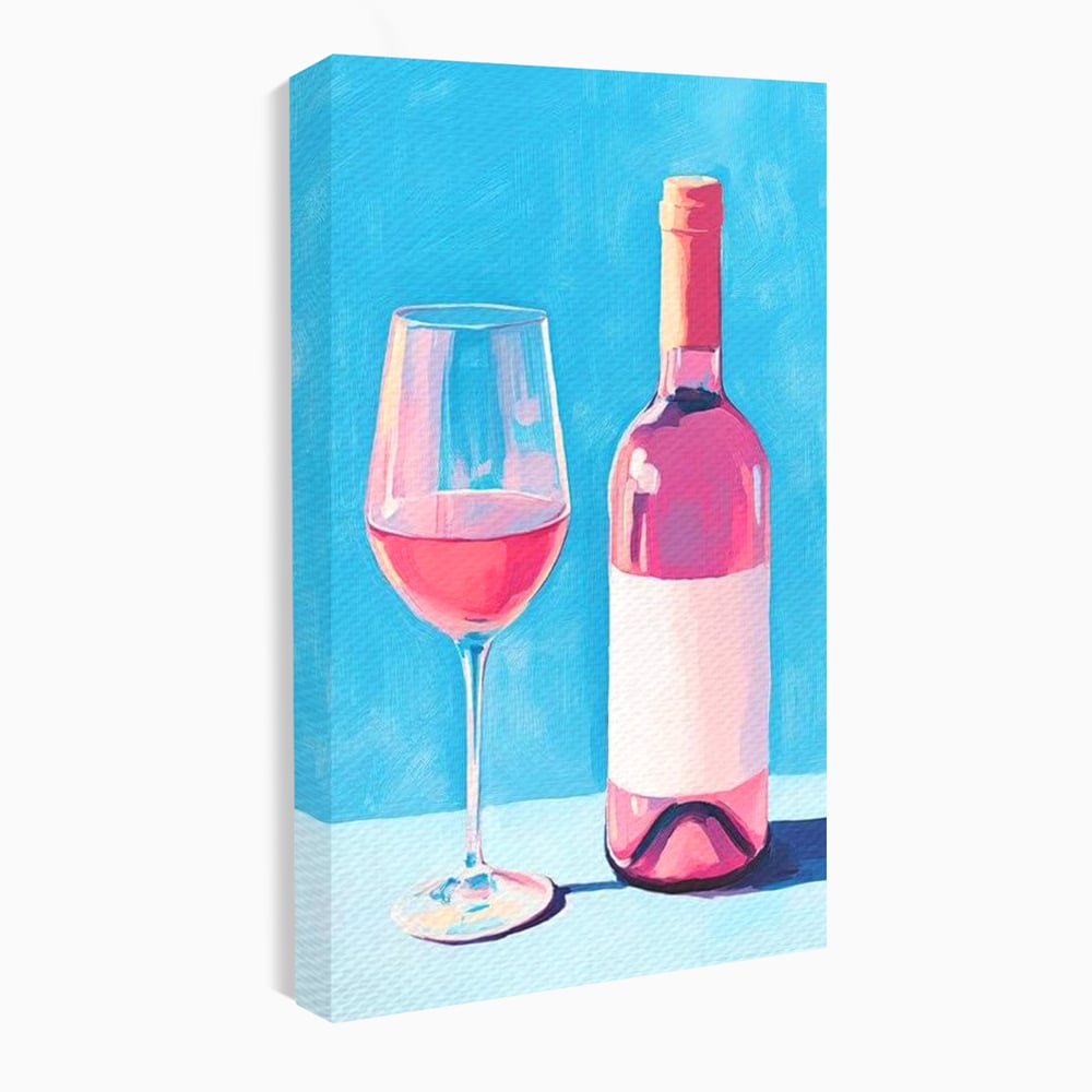 Tablou canvas cu pictura cu sticla de vin rose si pahar, fara rama, pe sasiu de lemn