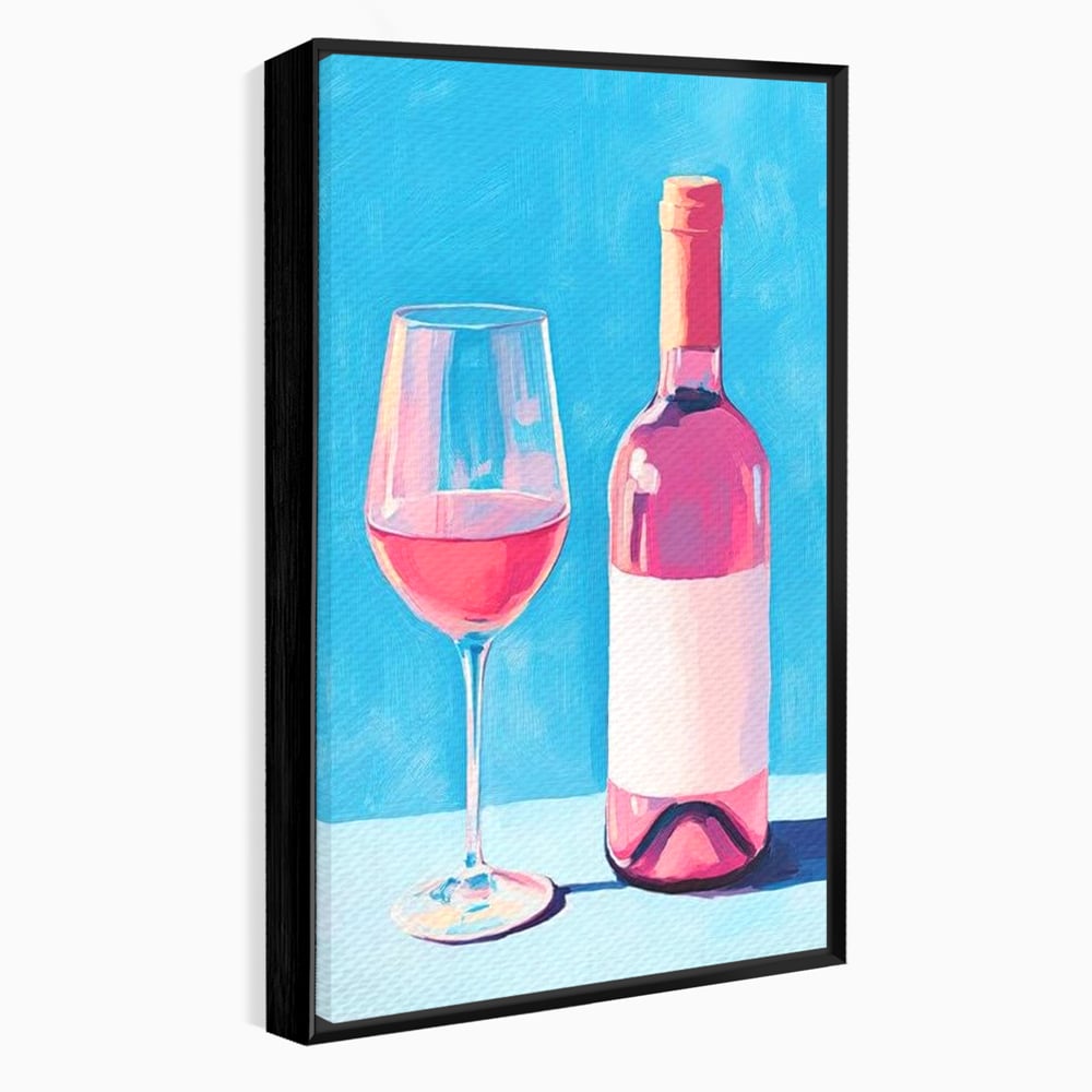 Tablou canvas cu pictura cu sticla de vin rose si pahar, in rama de aluminiu negru
