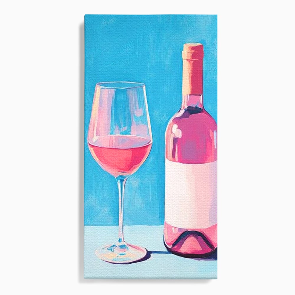 Tablou canvas cu pictura cu sticla de vin rose si pahar, fara rama, pe sasiu de lemn