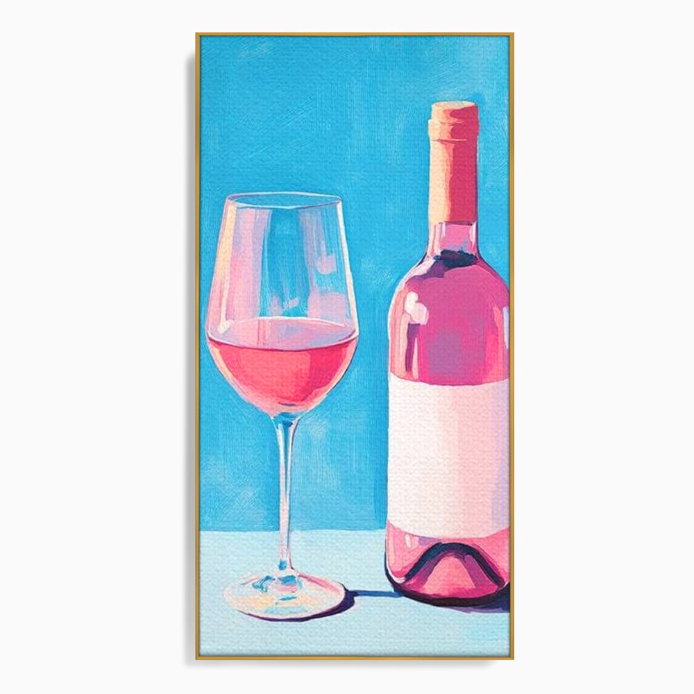 Tablou canvas cu pictura cu sticla de vin rose si pahar, in rama de aluminiu auriu