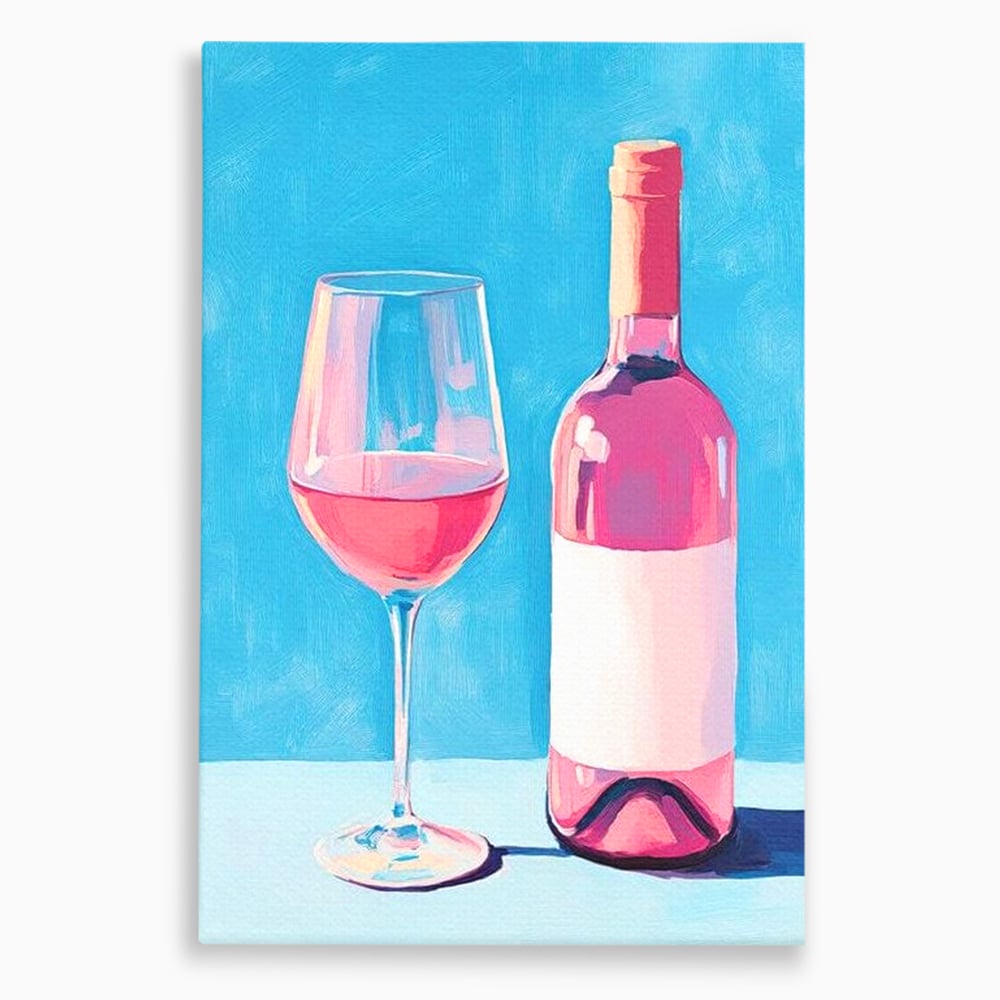 Tablou canvas cu pictura cu sticla de vin rose si pahar, fara rama, pe sasiu de lemn