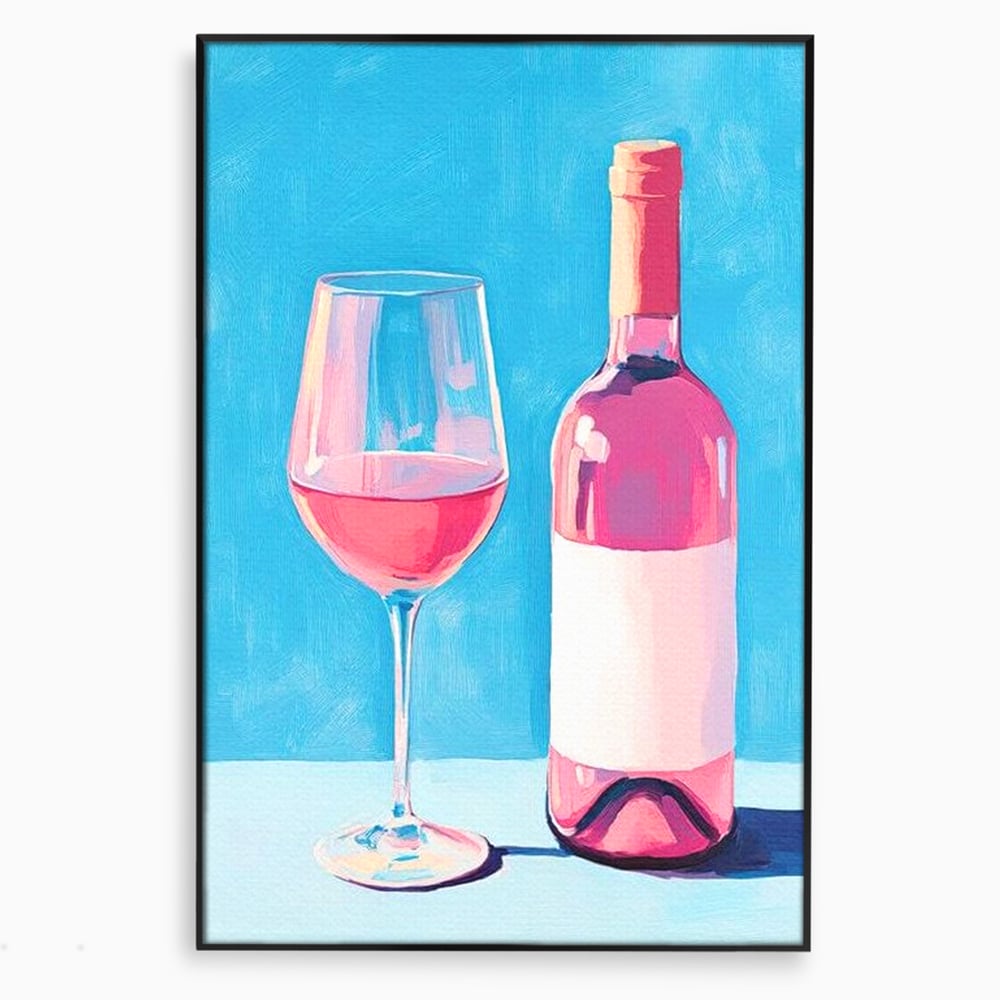 Tablou canvas cu pictura cu sticla de vin rose si pahar, in rama de aluminiu negru