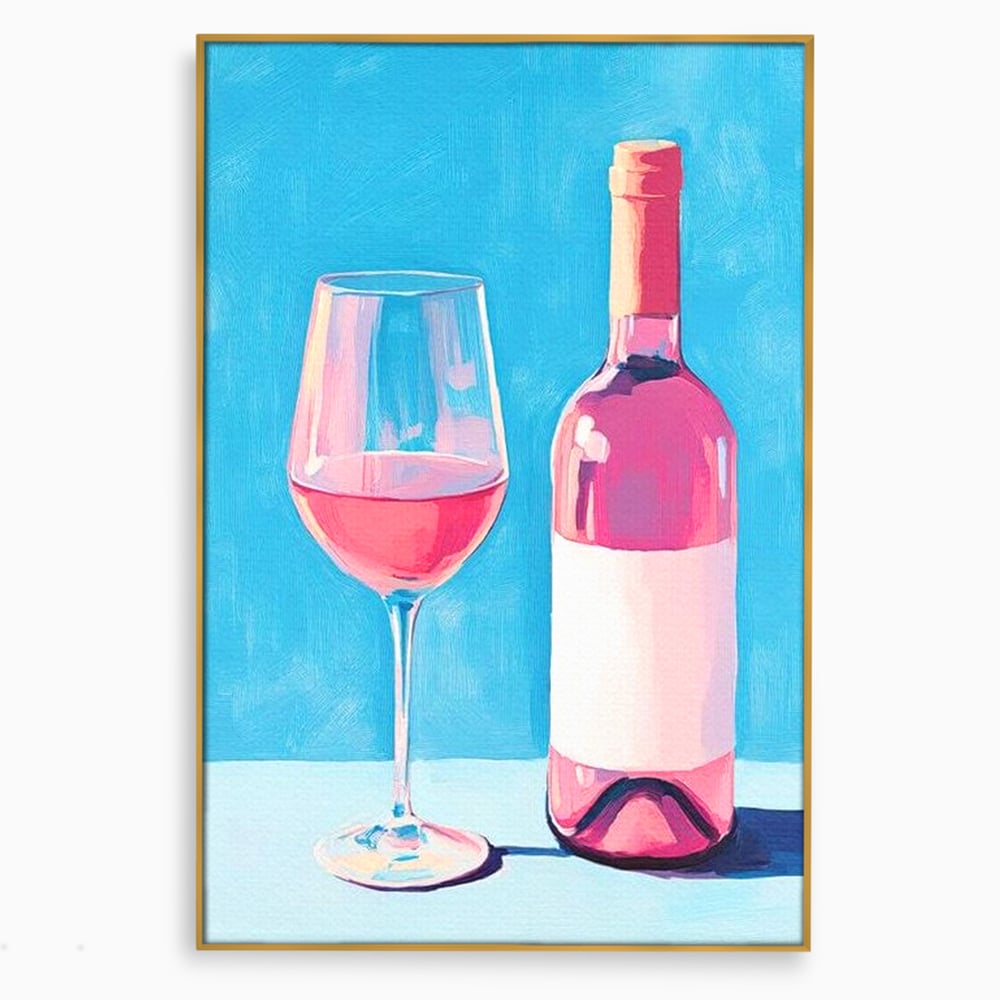 Tablou canvas cu pictura cu sticla de vin rose si pahar, in rama de aluminiu auriu