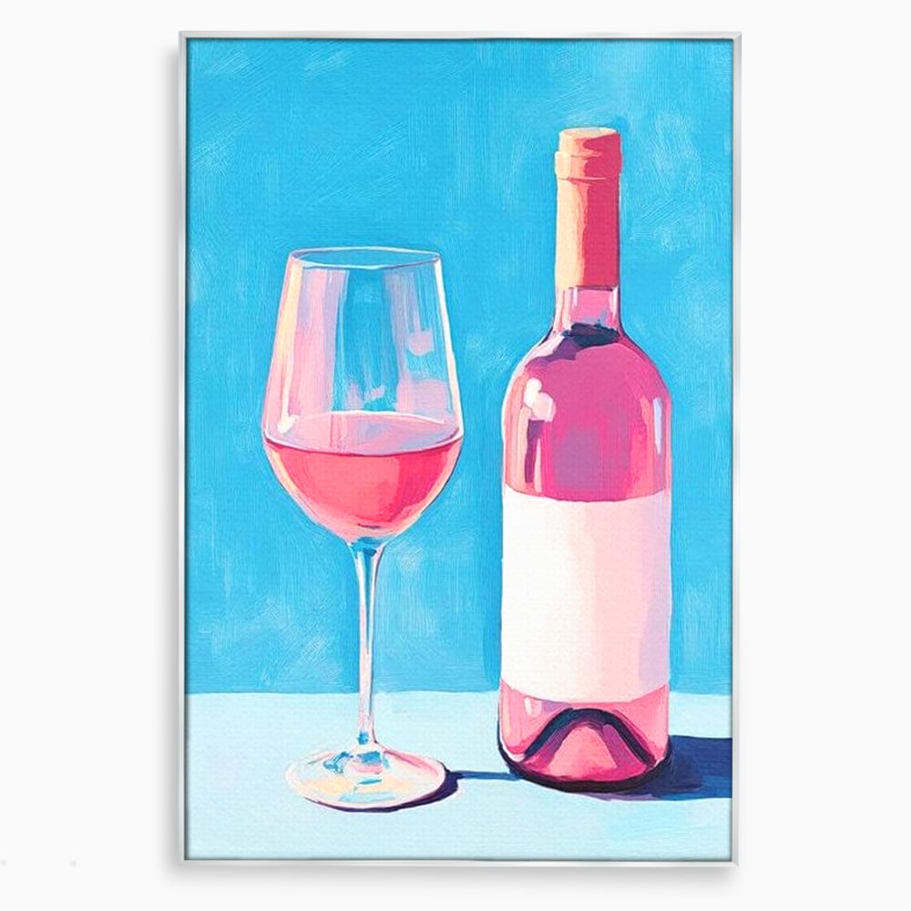 Tablou canvas cu pictura cu sticla de vin rose si pahar, in rama de aluminiu argintiu