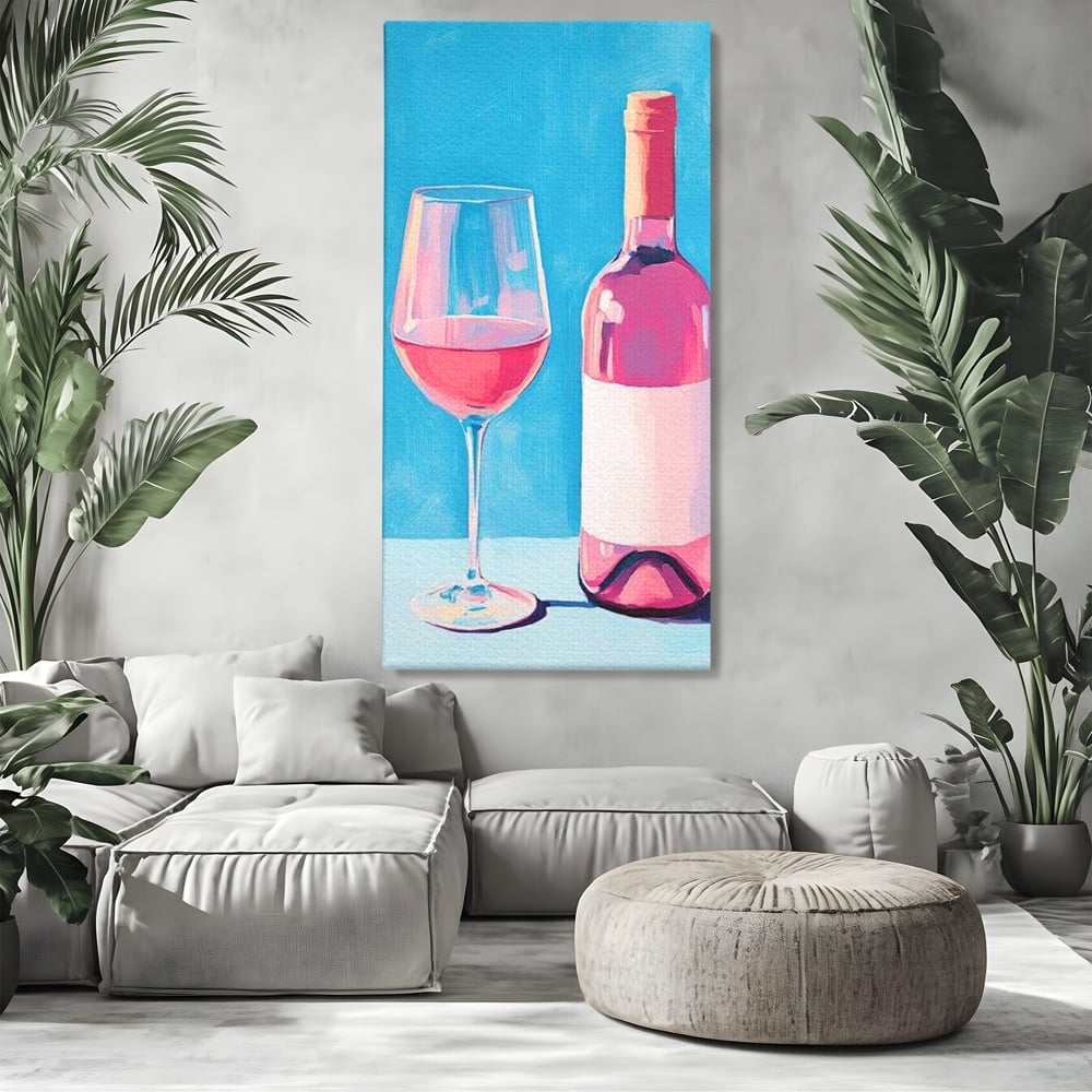 Tablou canvas cu pictura cu sticla de vin rose si pahar, fara rama, pe sasiu de lemn, pe perete intr-un living