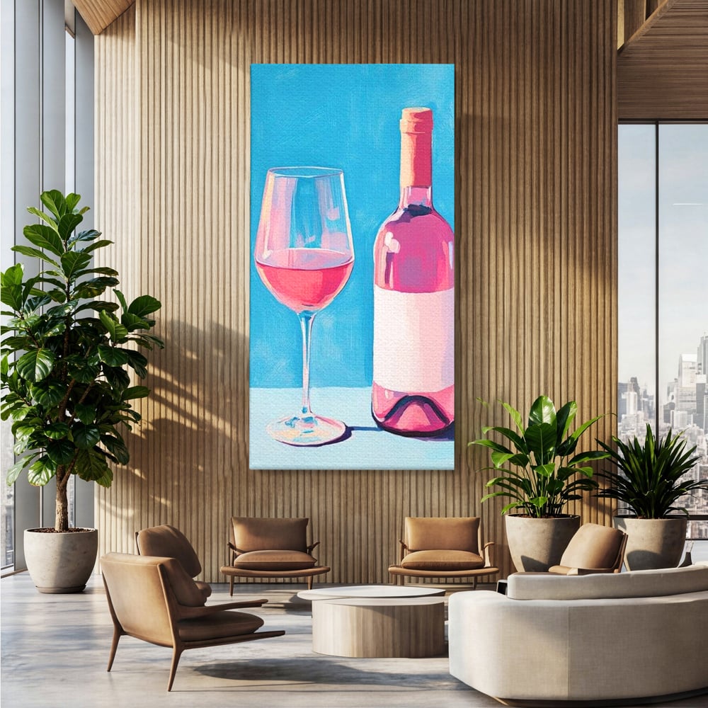 Tablou canvas cu pictura cu sticla de vin rose si pahar, fara rama, pe sasiu de lemn, pe perete intr-un birou