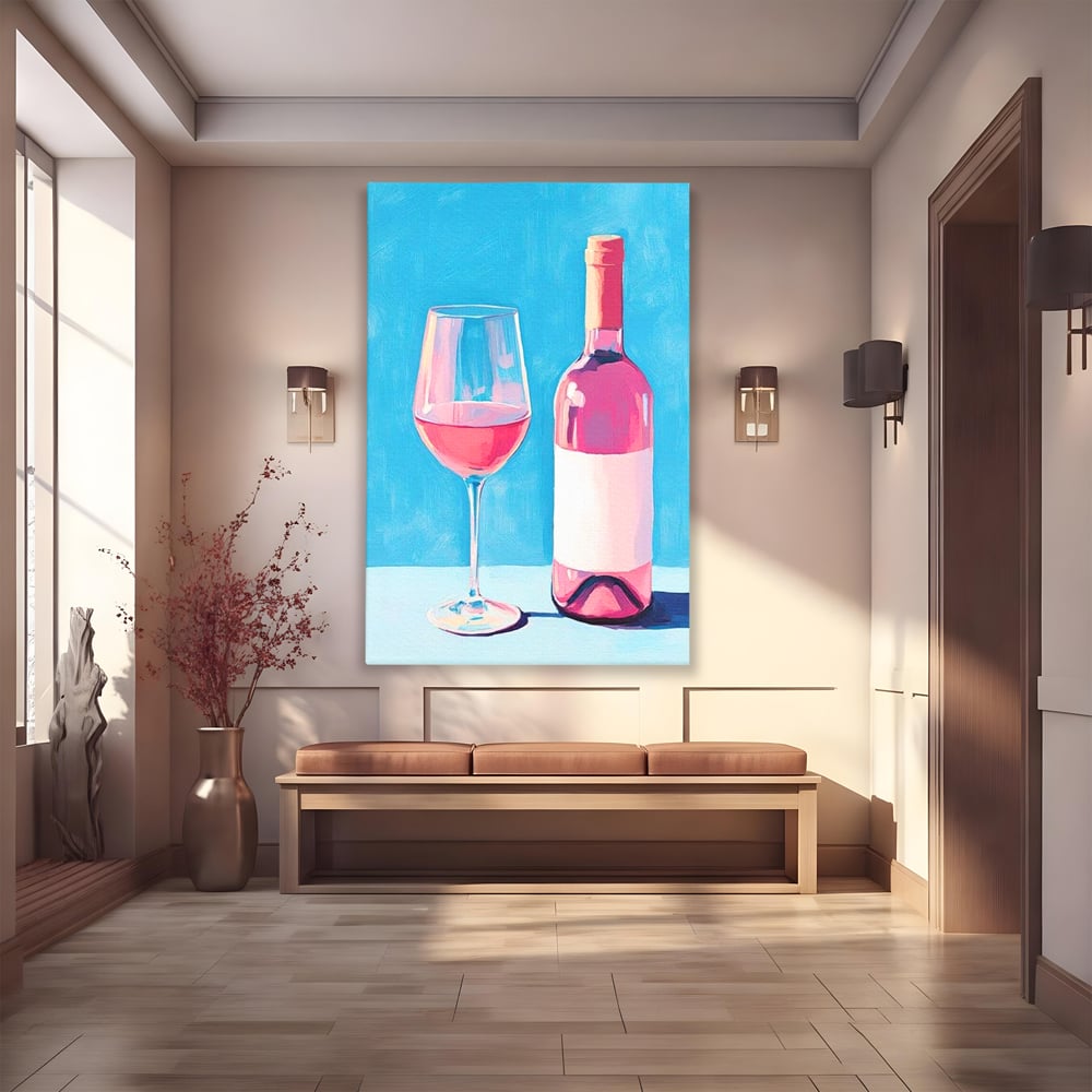 Tablou canvas cu pictura cu sticla de vin rose si pahar, fara rama, pe sasiu de lemn