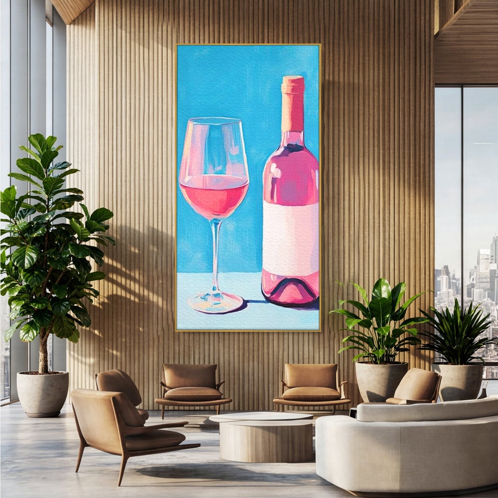 Tablou canvas cu pictura cu sticla de vin rose si pahar, in rama de aluminiu auriu, pe perete intr-un birou