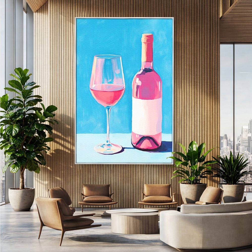 Tablou canvas cu pictura cu sticla de vin rose si pahar, in rama de aluminiu argintiu, pe perete intr-un birou