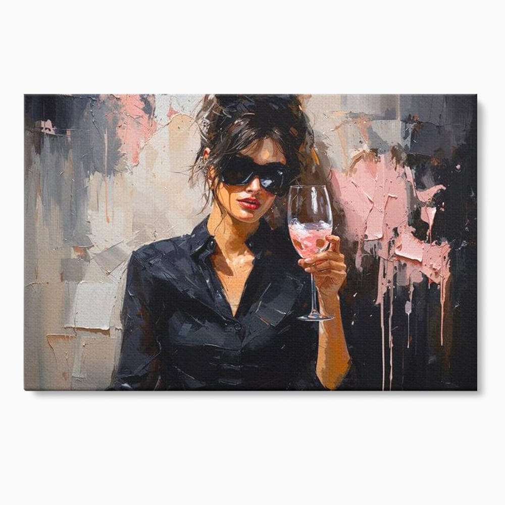 Tablou canvas cu tablou canvas cu femeie si pahar de vin, fara rama, pe sasiu de lemn
