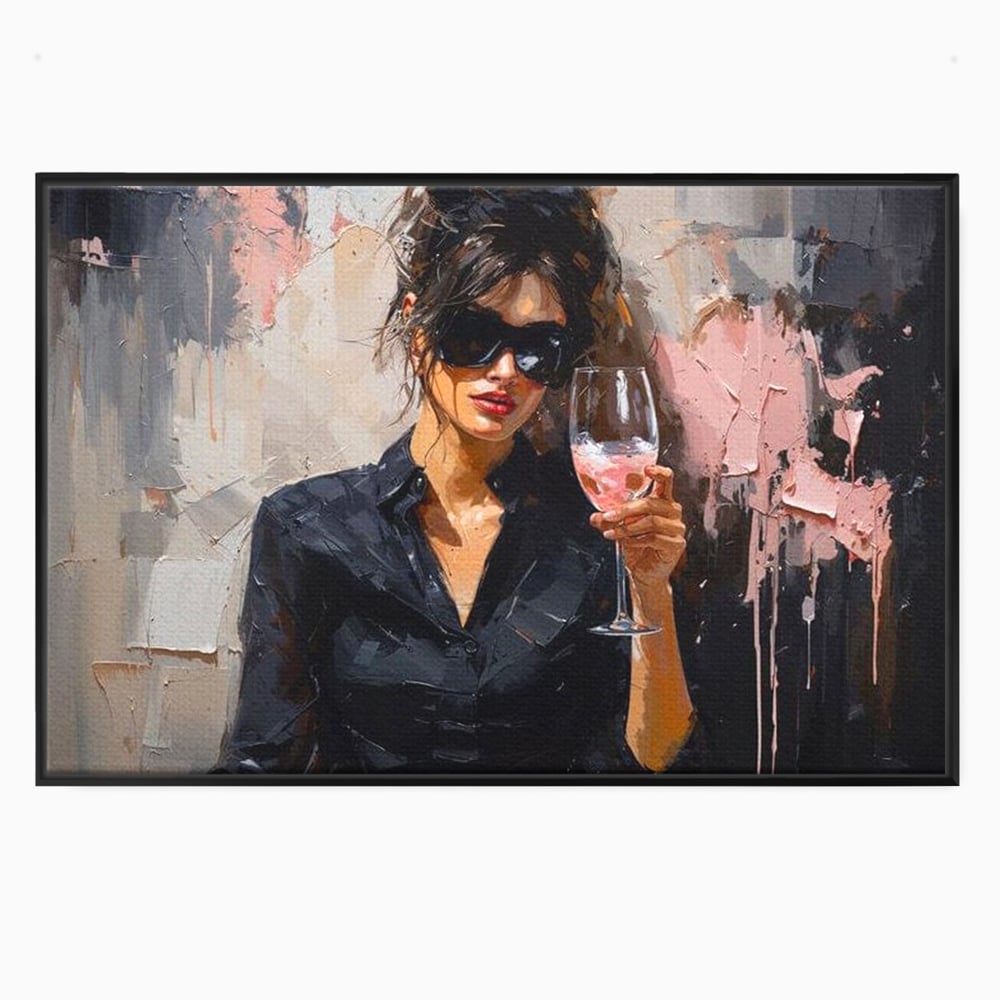 Tablou canvas cu tablou canvas cu femeie si pahar de vin, in rama de aluminiu negru