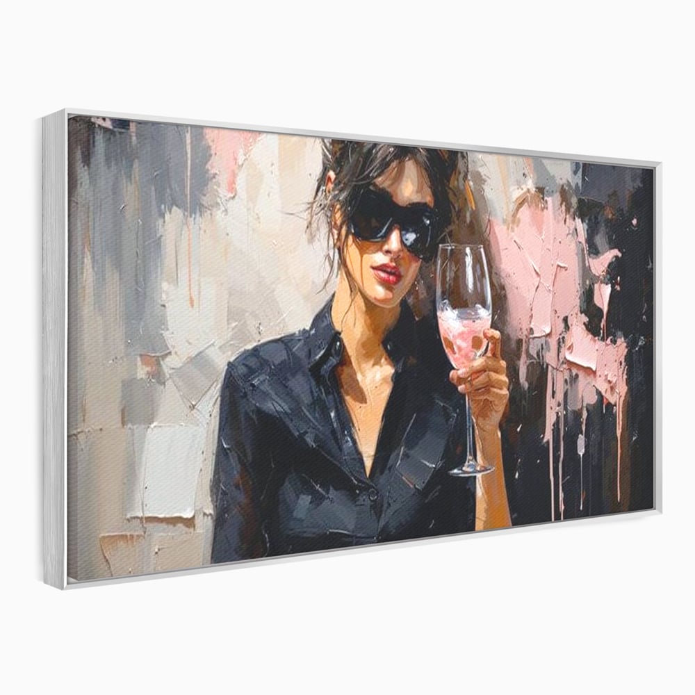 Tablou canvas cu tablou canvas cu femeie si pahar de vin, in rama de aluminiu argintiu