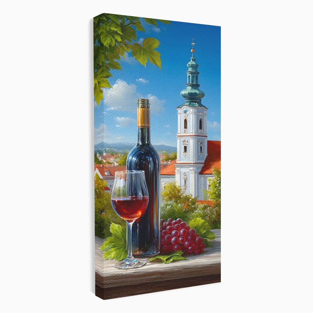 Tablou canvas cu pictura cu sticla de vin si manastire, fara rama, pe sasiu de lemn