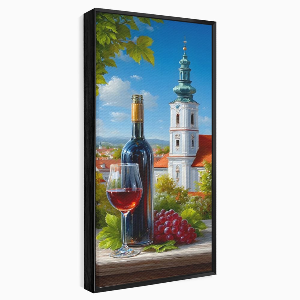 Tablou canvas cu pictura cu sticla de vin si manastire, in rama de aluminiu negru