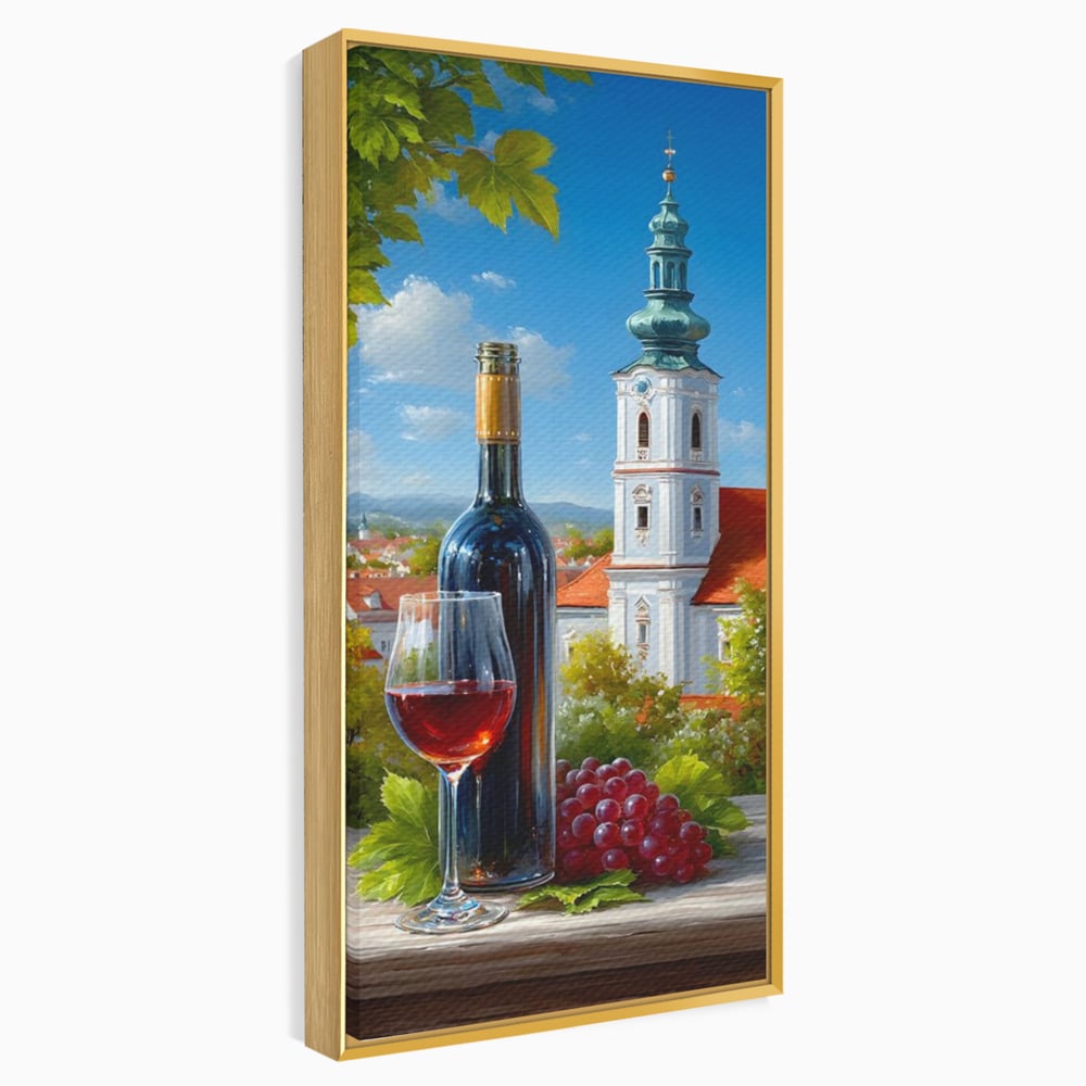 Tablou canvas cu pictura cu sticla de vin si manastire, in rama de aluminiu auriu