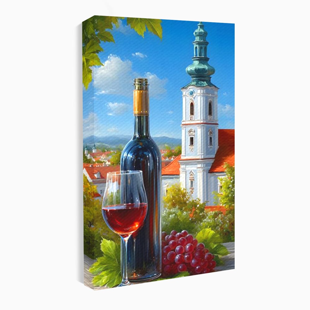 Tablou canvas cu pictura cu sticla de vin si manastire, fara rama, pe sasiu de lemn