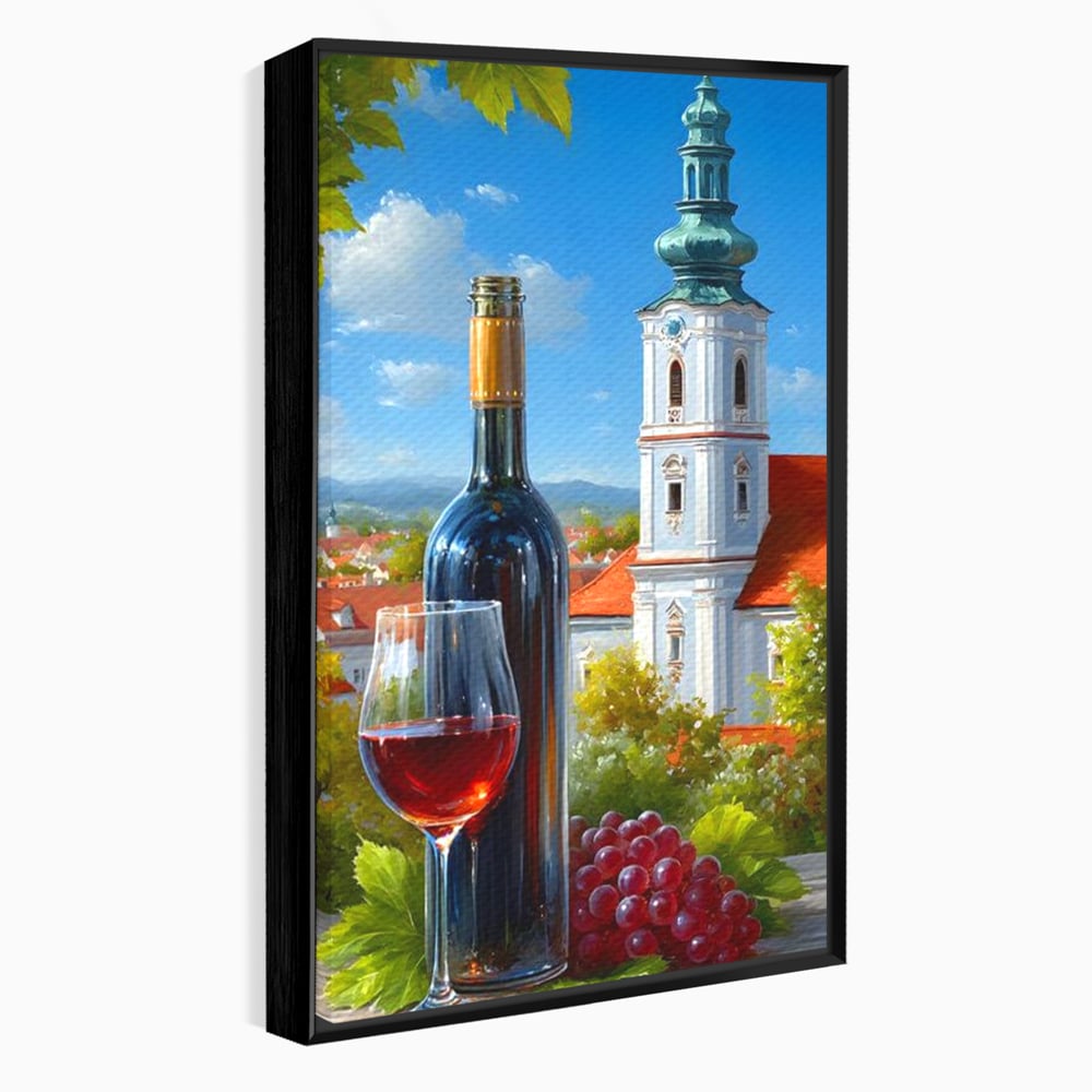Tablou canvas cu pictura cu sticla de vin si manastire, in rama de aluminiu negru