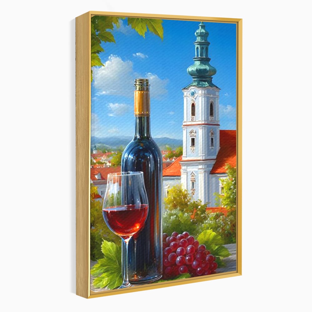 Tablou canvas cu pictura cu sticla de vin si manastire, in rama de aluminiu auriu